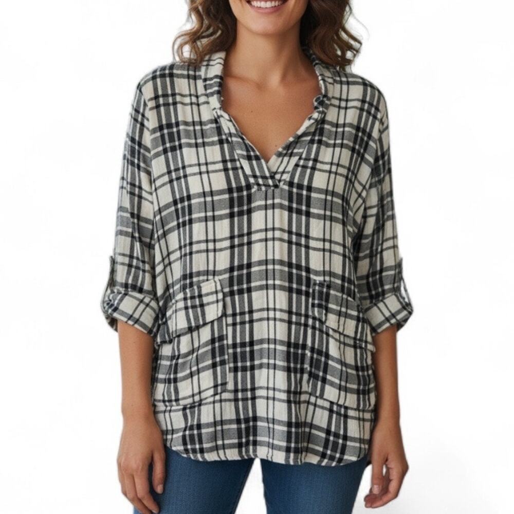 Free People CP Shades Plaid Cotton Tunic Hi Low Pockets Boho Top XS